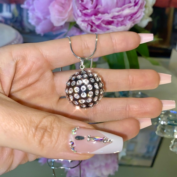 Black Acrylic Ball Necklace Embellished With Genuine Swarovski Crystals - Picture 8 of 10